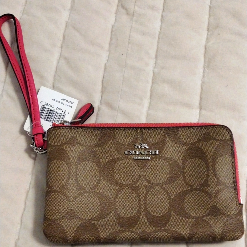 Coach tan and pink double pouch wristlet